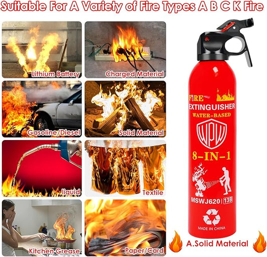 WPW 620ml Large Upgraded 8-in-1 Fire Extinguisher for Home with Wall Mount Portable Fire Extinguisher For Vehicle Car Boat Kitchen Emergency Supplies, Water-Based Solution For A, B, C, K Fire (2 Pack)