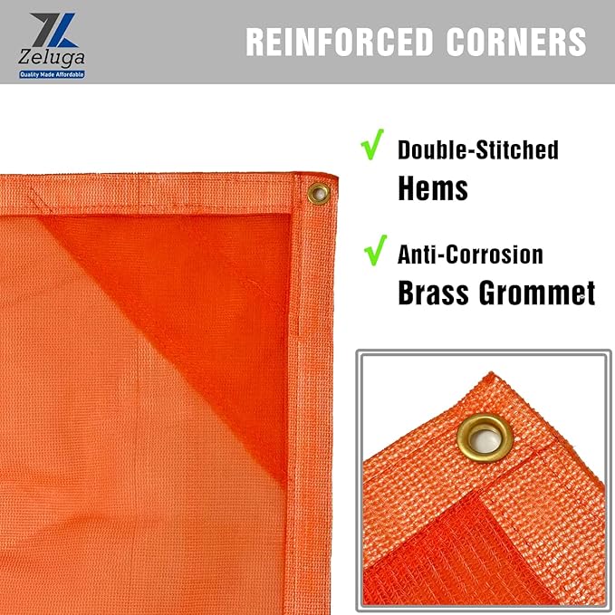 24-552-2020 220GSM Heavy Duty Orange Mesh Tarp - 20' x 20' Reinforced Rip-Resistant Construction Mesh Tarpaulin with Brass Grommets - 12mil Durable Protection for Agriculture, Landscaping