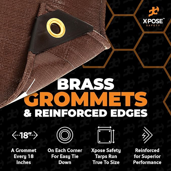 12' x 25' Super Heavy Duty 16 Mil Brown Poly Tarp Cover - Thick Waterproof, UV Resistant, Rip and Tear Proof Tarpaulin with Grommets and Reinforced Edges - by Xpose Safety