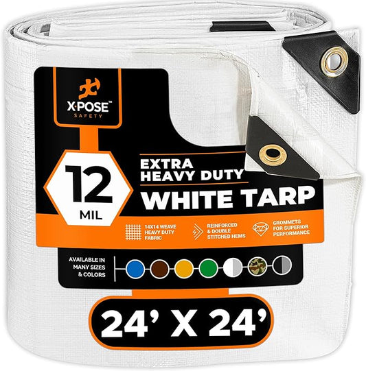 Heavy Duty White Poly Tarp 24' X 24' - Multipurpose Protective Cover - Durable, Waterproof, Weather Proof, Rip and Tear Resistant - Extra Thick 12 Mil Polyethylene - by Xpose Safety