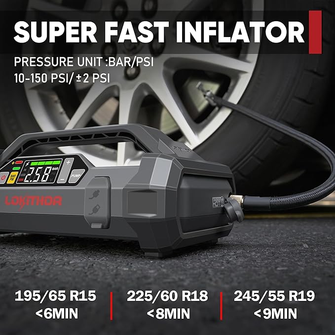 LOKITHOR JA400 1750A 12V Jump Starter with Air Compressor, 60W Two-Way Fast Charing, Lithium Car Battery Starter with 150PSI Digital Tire Inflator, Booster Pack for 7.5L Gas or 5.5L Diesel Engines
