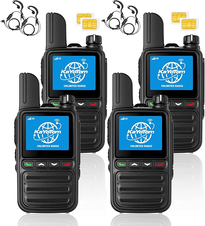 KAYOTOM Lifetime Free Global Walkie Talkies Unlimited Range PTT Push-to-Talk Over Cellular Nationwide 5000 Miles POC 4G Handheld Long Range Two Way Radio for Team (with Earphones, 4-Packs)