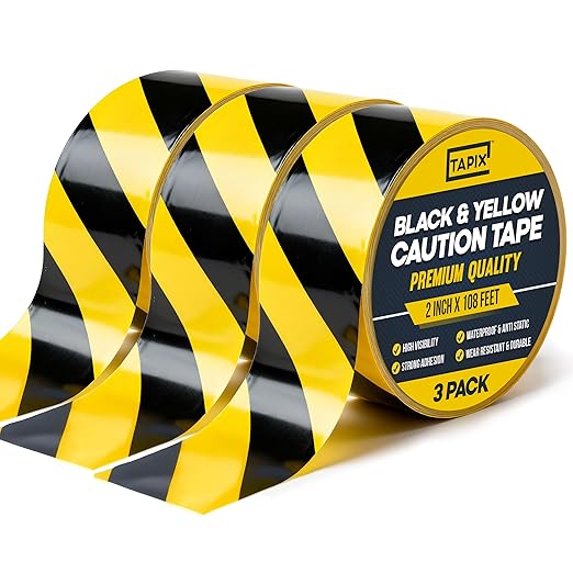 Tapix (3 Pack 2 Inch x 108 Feet Black & Yellow Tape Roll - Safety Stripe Waring Tape for Floor - Highly Adhesive Waterproof Hazard Tape for Floors, Walls, Staircase, Pipes, Equipment, Dangerous Area
