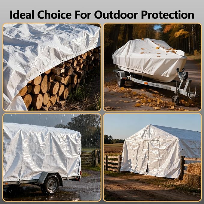 16 Mil Ultra Thick Tarps Heavy Duty Waterproof, 10x20 Ft Large White Tarp with Metal Grommets and Reinforced Edges, Durable UV Resistant Multipurpose Cover for Outdoor Furniture Pool Boat Etc.