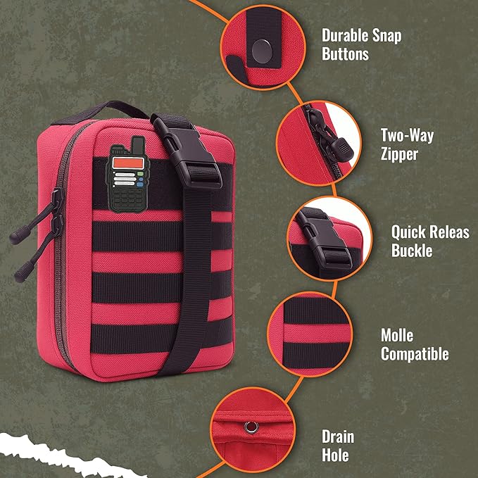 Ham Radio Go Bag in Red Colour with Tear-Away Velcro Back - Molle Compatible, Multi-Pocket Design for Radios, Cables, and Gear