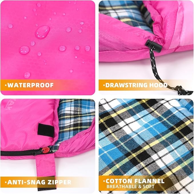 Cotton Flannel Lined Sleeping Bag for Adults Teens Kids, Cold Weather & Warm, 3 Seasons, Lightweight Compact Camping Essentials Equipment, Hiking, Outdoor, Travel