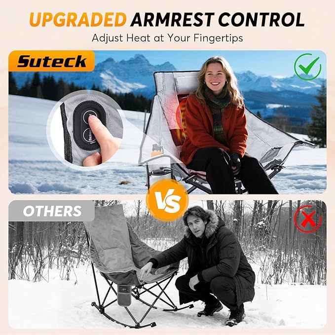 Suteck Heated Rocking Camping Chair - Oversized Heated Camping Chair W/20000mAh Power Bank & Carry Bag, Fully Padded Heated Chairs for Outdoor Sports W/3 Heat Levels for Back & Seat, Lawn Picnic Patio