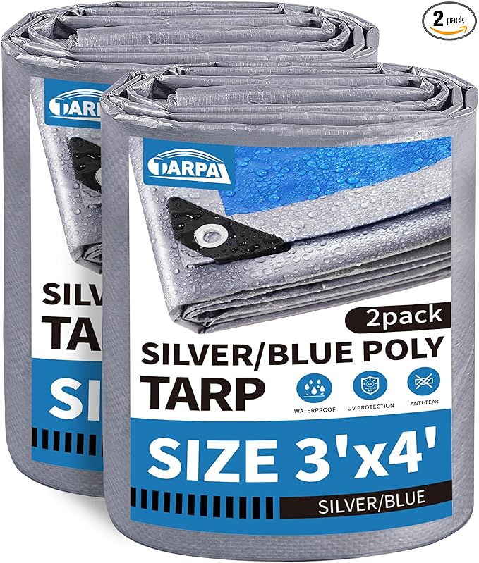 TARPAL Tarp 3x4 Feet (2 Pack) Waterproof Small tarps 7.5mil Multipurpose Protective for Outdoors,UV Protection,Rip and Tear Proof,Poly Tarpaulin(Silver/Blue)