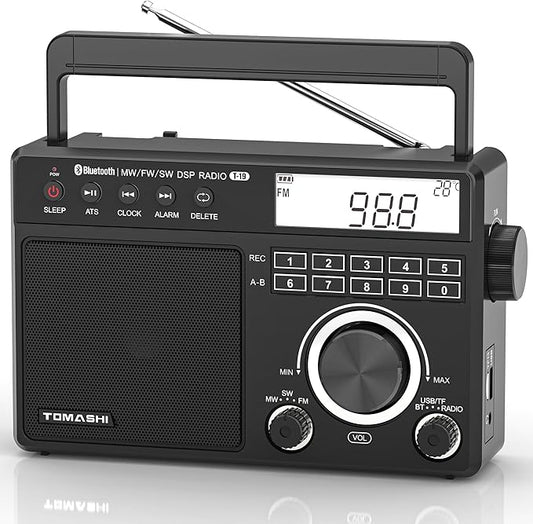 Portable Shortwave MW FM Radio with Bluetooth, ATS Tuning, Clock & Alarm, Recording, MP3/WMA Playback via USB/SD Card, Battery Operated Radio with LCD Display