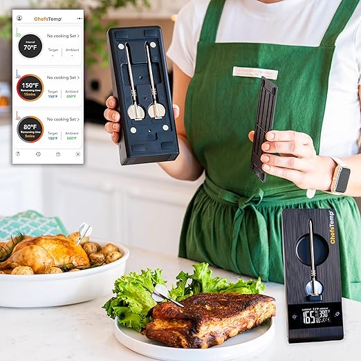 ChefsTemp ProTemp 2 Plus Needle Probe Wireless Meat Thermometer with Temperature Controller Unlimited Range Bluetooth & WiFi Enabled Smart Cooking Grilling Smoker BBQ Oven Kitchen (Stand + 1 Probe)