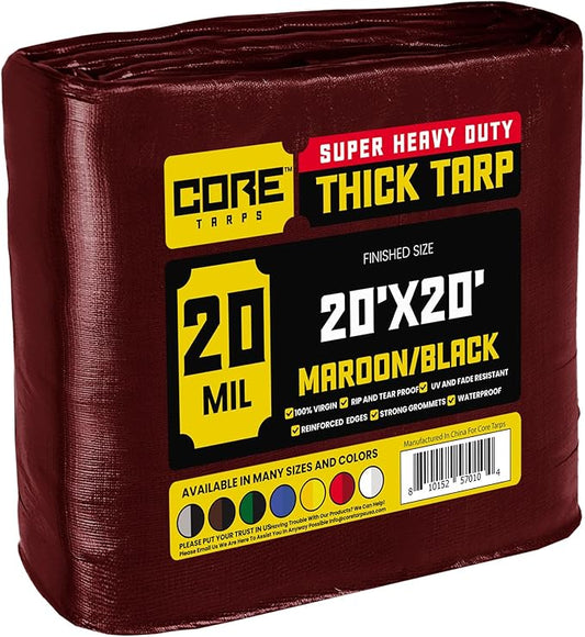Core Tarps Extreme Heavy Duty 20 Mil Tarp Cover, Waterproof, UV Resistant, Rip and Tear Proof, Poly Tarpaulin with Reinforced Edges for Roof, Camping, Patio, Pool, Boat (Maroon/Black 20′ X 20′)