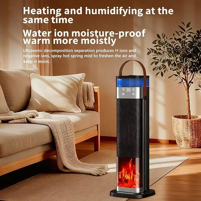 Space Heater Indoor, 25" 1500W PTC Ceramic Heater with atomization and humidification function, 3 Modes, 3D Flame, 12H Timer, 45° Oscillating, with Remote, Tower Heater for Office Bedroom