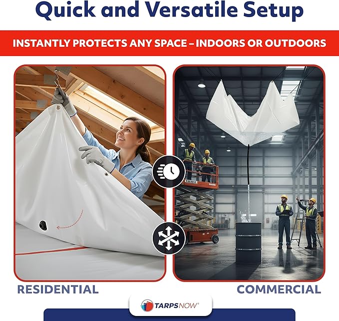 Heavy Duty Ceiling Leak Diverter Tarp with Drain Flange - Roof Water Diverter for Emergency Leaks - Water Leak Catcher with D-Rings - Effective Water Diverter - 5' x 20'