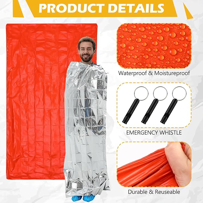 6 Pack 82.7" x 49.2" Emergency Sleeping Bag Emergency Thermal Blanket Survival Bivvy Sack Blanket with Whistle Waterproof Lightweight Portable Shelter for Outdoor Camping Hiking
