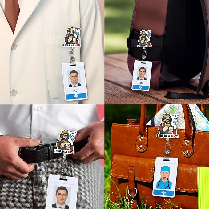 Funny Nurse Badge Reel, Lord Have MRSA Retractable ID Holder with Alligator Clip, Humorous Design for Nursing Student, Doctor, Medical Assistant & Office Staff