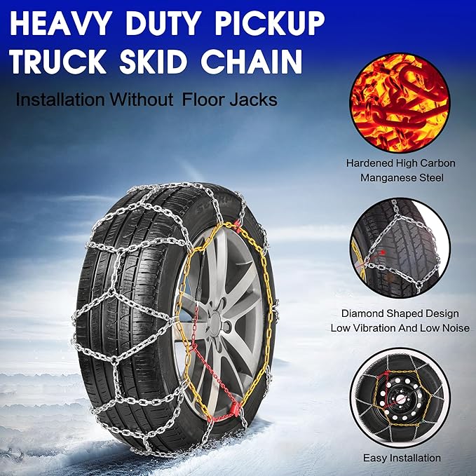 Snow Chains, Thickened and Wear-Resistant High Carbon Steel Anti Slip Tire Chain for Light Truck, Pickups, and SUVs, Set of 2 (4WD-80)