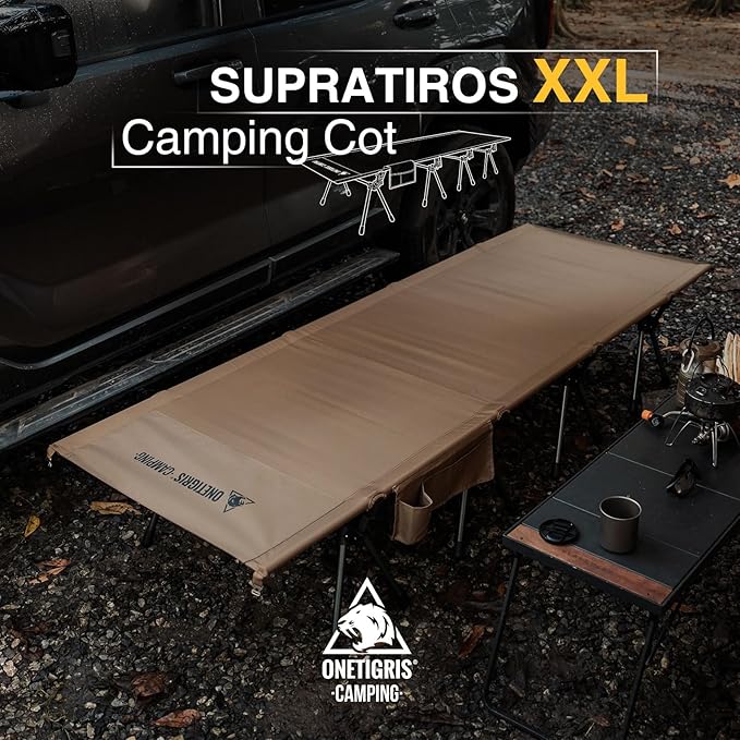 ONETIGRIS SUPRATIROS Extra Large Camping Cot, Height Adjustable Oversized Sleeping Cot with Extending Legs for Camping, Car Trips, Truck, Beach, Office Nap, Sturdy Supports Up to 400lbs