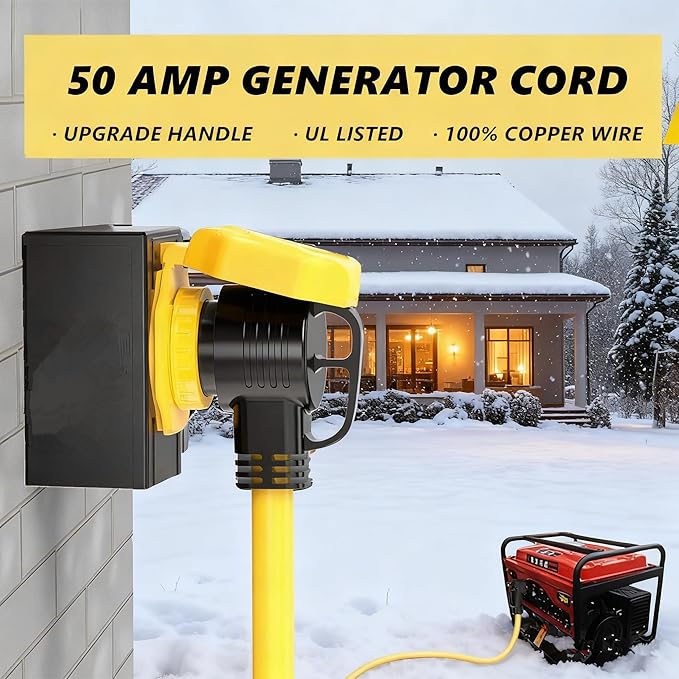 50 Feet 50 Amp RV/Generator Cord, UL Listed, 100% Copper Wire, NEMA 14-50P to SS2-50R Twist Lock, Newly Designed 90°Grip Handle, 6/3+8/1 Gauge STW Wire