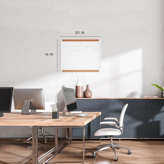 U Brands Magnetic Dry Erase Calendar White Board, 16" x 20", White Pin-It Frame, Includes Marker and Magnet