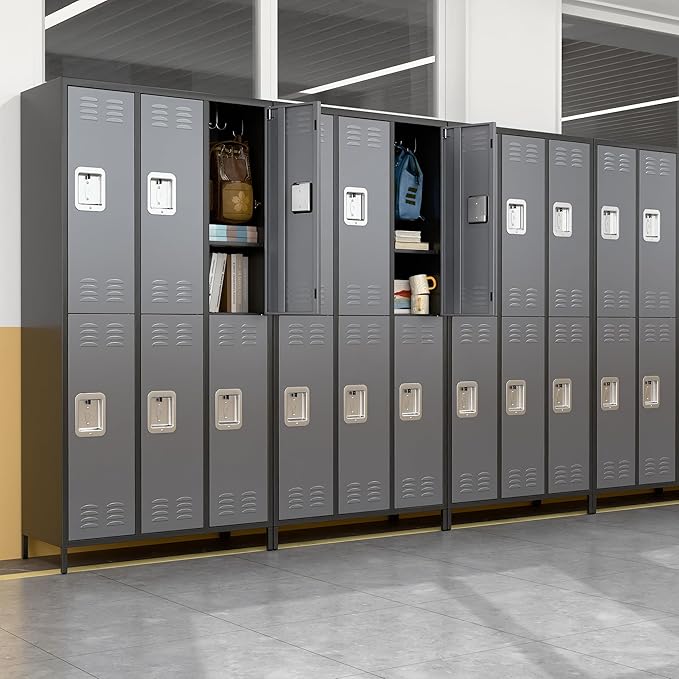 Metal Lockers with 6 Doors and 18 Hooks, 72" Tall Lockers for Employees with 18 Hooks for Home Office School Gym, Assembly Required, Black and Gray