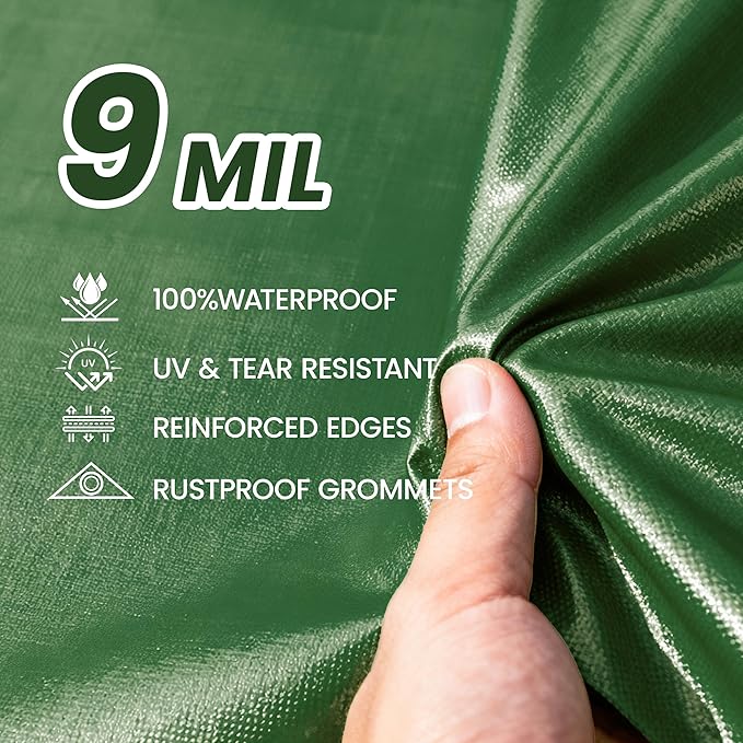 Multi Purpose Tarp 12' x 16' 9-mil Thick Waterproof Camping Tents Tarps Poly Tarpaulin Green