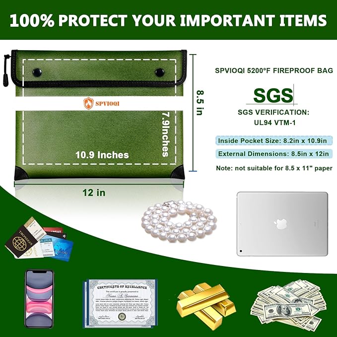 SPVIOQI Upgraded 5200F Fireproof Document Bag - Heat Insulated, 8 Layers of Functional Materials, Water Resistant, Fireproof Safe Pouch with Zipper, Perfect for Cash/Documents/Valuables