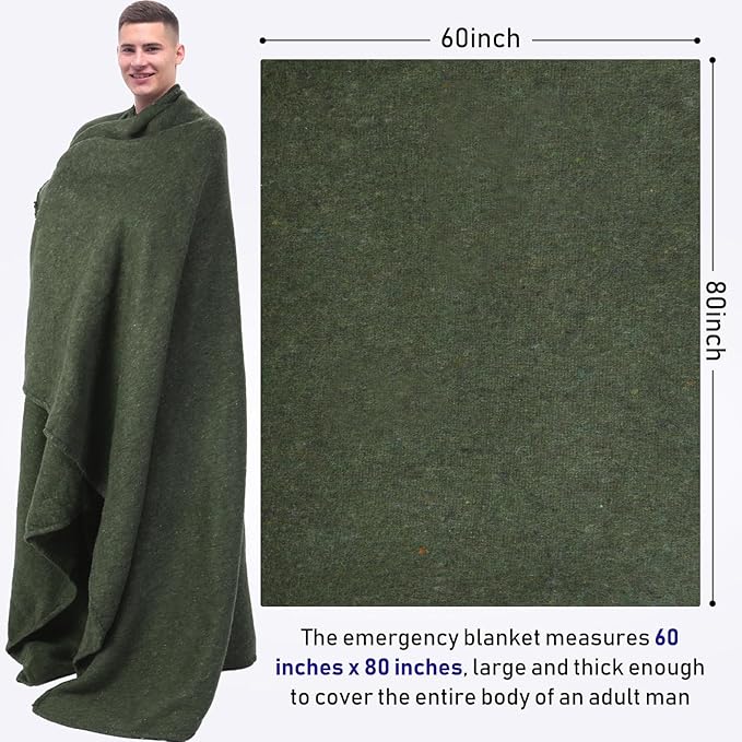 Preboun 3 Pieces Wool Camping Blanket Bulk 60" x 80" Military Wool First Aid Fire Retardant Blanket Queen for Outdoors Camping Stadium Picnics Travel Car Survival Kits(Olive Green)