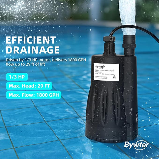1/3 HP Submersible Water Pump, 1800 GPH Sump Pump with Thermoplastic Housing, 115V Portable Electric Water Pump with 10 Ft Cord for Basement, Yard, and Pool Cover