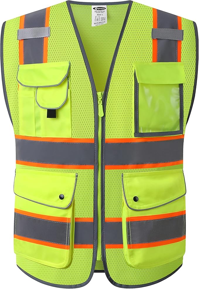 JKSafety 9 Pockets Hi-Vis Neon Yellow Zipper Front MESH Safety Vest with Fluorescent Orange Extend Edge outlining the Reflective Tapes Meet ANSI/ISEA Class 2 Standard (100-Yellow, XL)