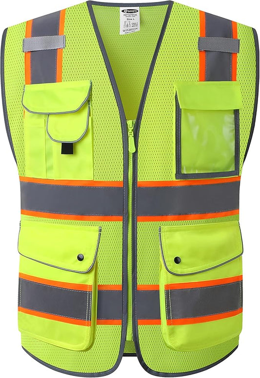 JKSafety 9 Pockets Hi-Vis Neon Yellow Zipper Front MESH Safety Vest with Fluorescent Orange Extend Edge outlining the Reflective Tapes Meet ANSI/ISEA Class 2 Standard (100 Yellow, 3XL)