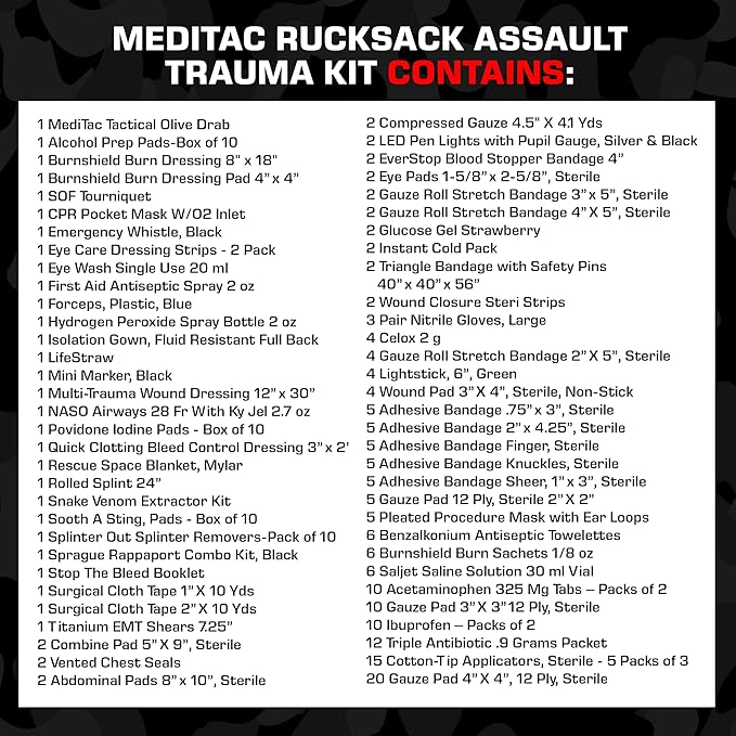MediTac Rucksack Assault Trauma Tactical Kit Feat. SOF Tourniquet, Chest Seals, Clotting Gauze – Olive Drab