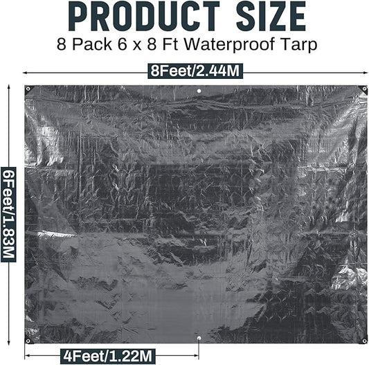 8 Pack 6 x 8 ft 5.5 Mil Large Tarps Heavy Duty Waterproof Tarp Multi Purpose Tent Cover for Home Boats Cars Camping Patio Furniture Roof Emergency Rain Protective Cover, Gray