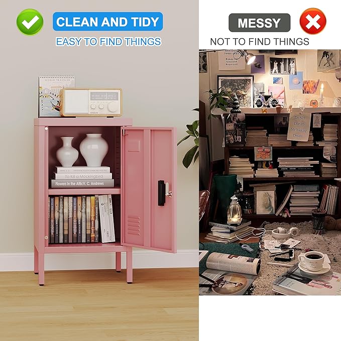 24.4" H Metal Locker Storage Cabinet with Adjustable Shelf, 1 Door Small Storage Cabinet with Adjustable Leveling Foot for Home,Office, Kids Locker,Assembly Required,Pink