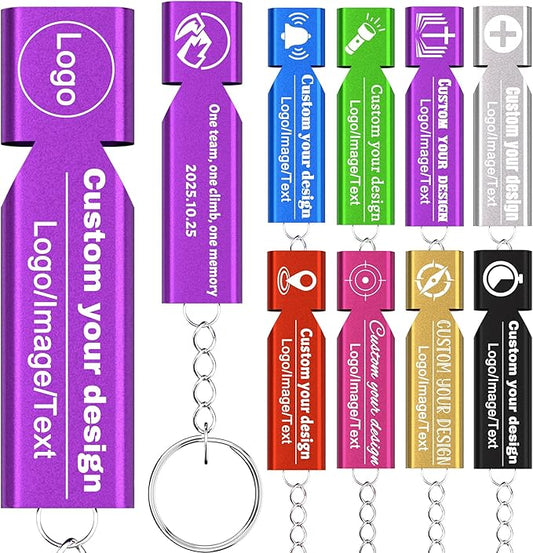 10Pcs Custom Emergency Whistles, Personalized Aluminum Safety Survival Whistle with Keychain, Engraved Name or Logo, Double Tube High Pitch for Outdoor Camping, Hiking, Boating, Fishing