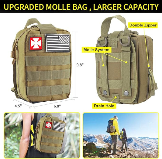 Gifts for Men Christmas Survival Kit and First Aid kit, 160 Pcs Emergency Supplies Camping Accessories with Upgraded Molle Bag for Outdoor Adventure Camping Hiking Hunting