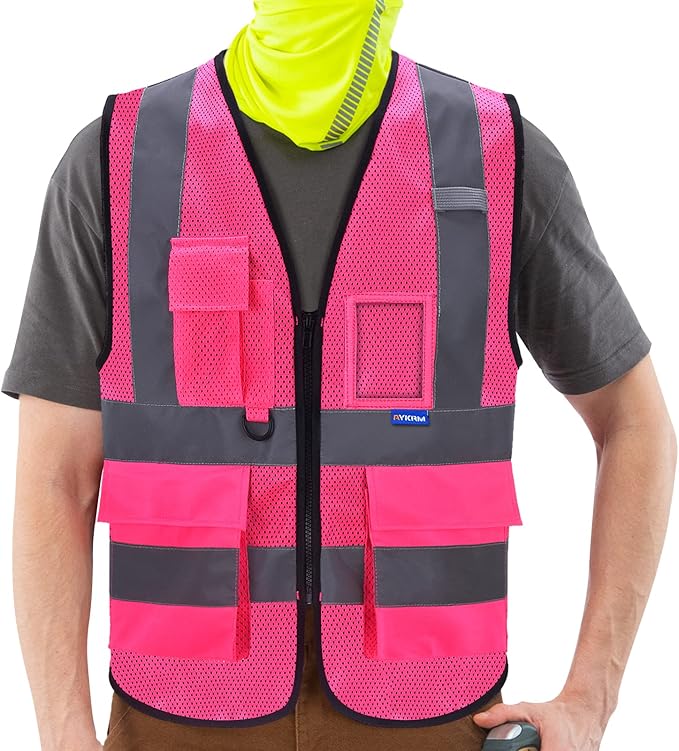 A-SAFETY High Visibility Mesh Safety Reflective Vest with Pockets and Zipper,Hi Viz Work Vest for Men Women (Pink Mesh XXL)
