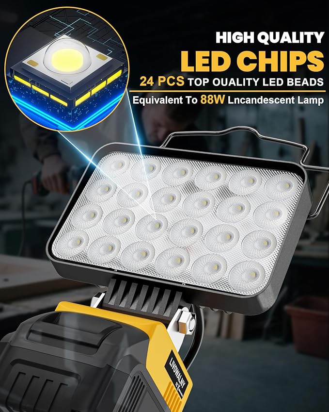 LIVOWALNY LED Work Light Compatible with Dewalt Battery, 88W 8800LM Battery Flashlight Cordless, Portable Tools LED Floodlight with USB A & USB C Output Port for Camping, Hiking, Emergency & Job Site