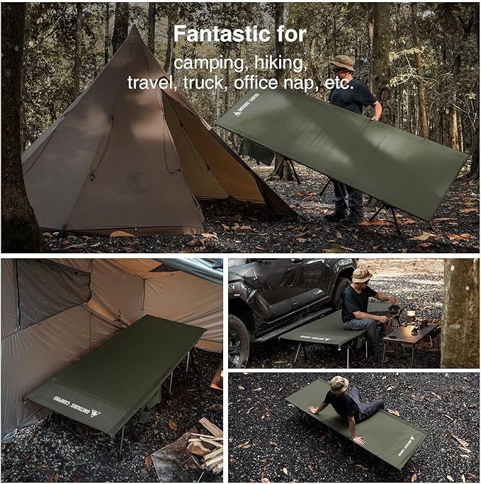 ONETIGRIS SUPRATIROS Extra Large Camping Cot, Height Adjustable Oversized Sleeping Cot with Extending Legs for Camping, Car Trips, Truck, Beach, Office Nap, Sturdy Supports Up to 400lbs (Ranger Green)