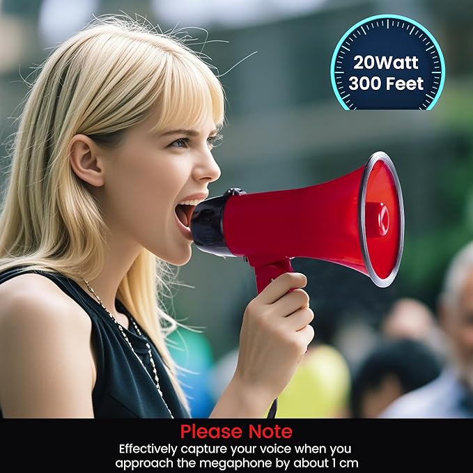 MyMealivos Portable Megaphone Bullhorn 20 Watt Power Megaphone Speaker Voice and Siren/Alarm Modes with Volume Control and Strap (Red)