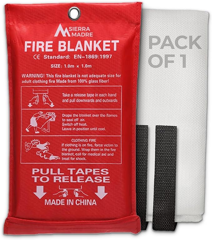 Sierra Madre Emergency Fire Blanket for Home and Kitchen – 100% Fiberglass Fire Suppression Blanket (40x40) for Car, Office & Camping – Instantly Smothers Flames – Lightweight & Reusable (Pack of 1)