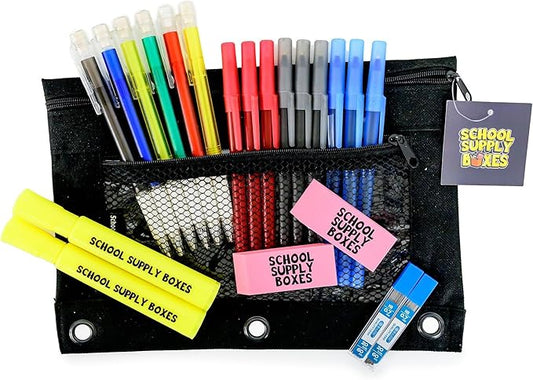 Math Pencil Bag Kit (24 Pack) – Mechanical Pencils, Protractor, Pens, Highlighters, Lead Refills & Erasers – Complete Math Tool Kit – Middle & High School Supplies – Zipper Pouch Set for Students
