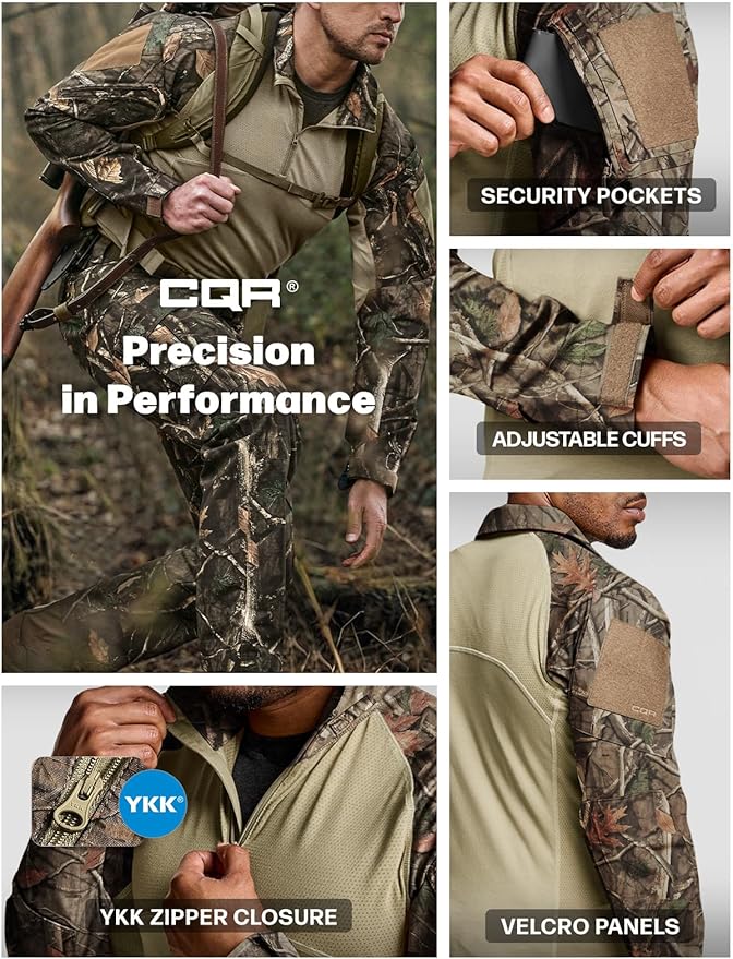 CQR Men's Combat Shirt Tactical 1/4 Zip Long Sleeve Military BDU Shirts Camo EDC Top with Pockets