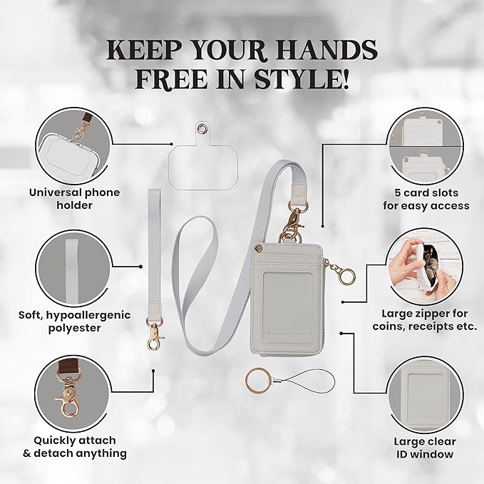 2-in-1 ID Badge Holder & Lanyard Wallet - Multi-Use Womens Small Wallet with Removable Wristlet & Neck Lanyard, Clear Window, 5 Card Slots, Phone Holder, Ring Keychain - Off White
