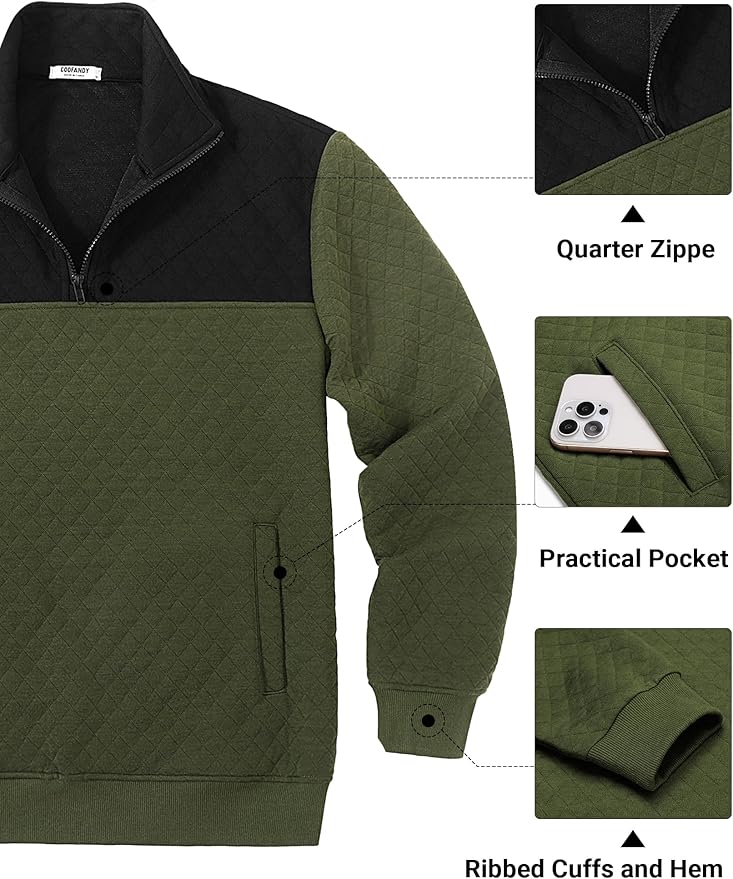 COOFANDY Mens Quarter Zip Pullover Quilted Sweatshirt Knit Long Sleeve Mock Neck Sweater Polo with Pocket