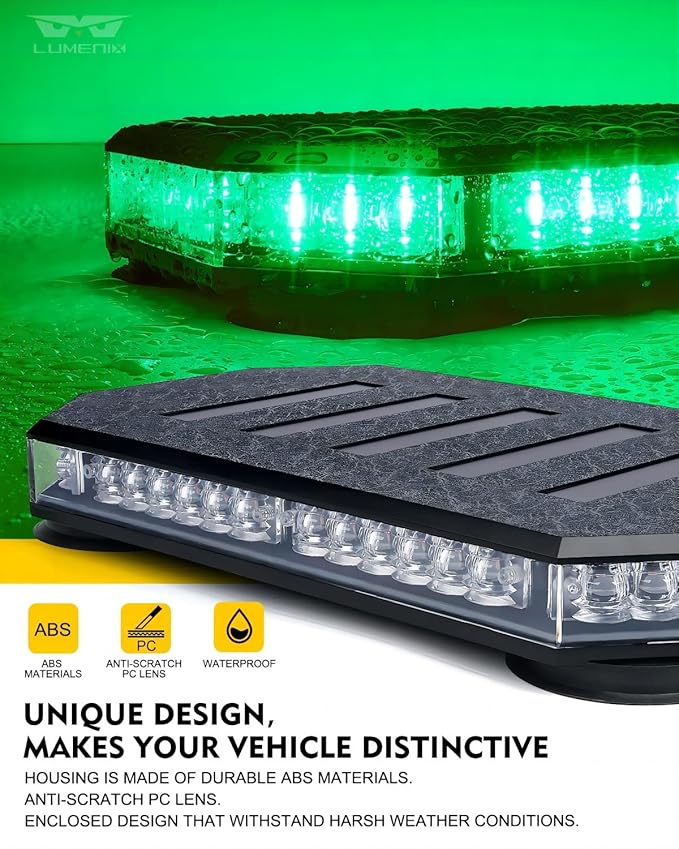LUMENIX 42 LED Roof Top Strobe Beacon Light Bar Hazard Warning Emergency Flashing Plow Lights with Controller for Law Enforcement POV Vehicles Tow Trucks Snowplow Postal Cars Green (Patent Design)