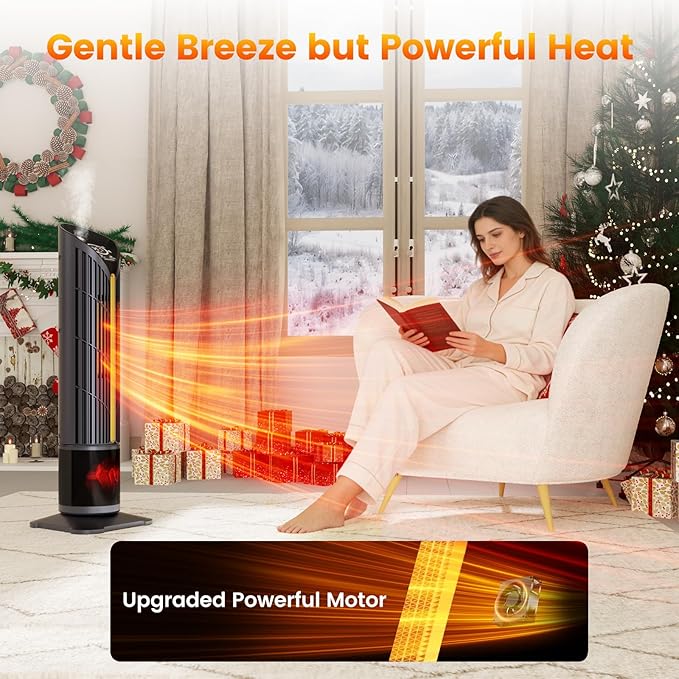 VCJ 28" Space Heaters, 1500W 12H Timer Electric Heater for Indoor Use, Remote, 120° Oscillation, Water Mist, Overheat & Tip-Over Protection, Quiet Portable Tower Heater for Bedroom Living Room Garage