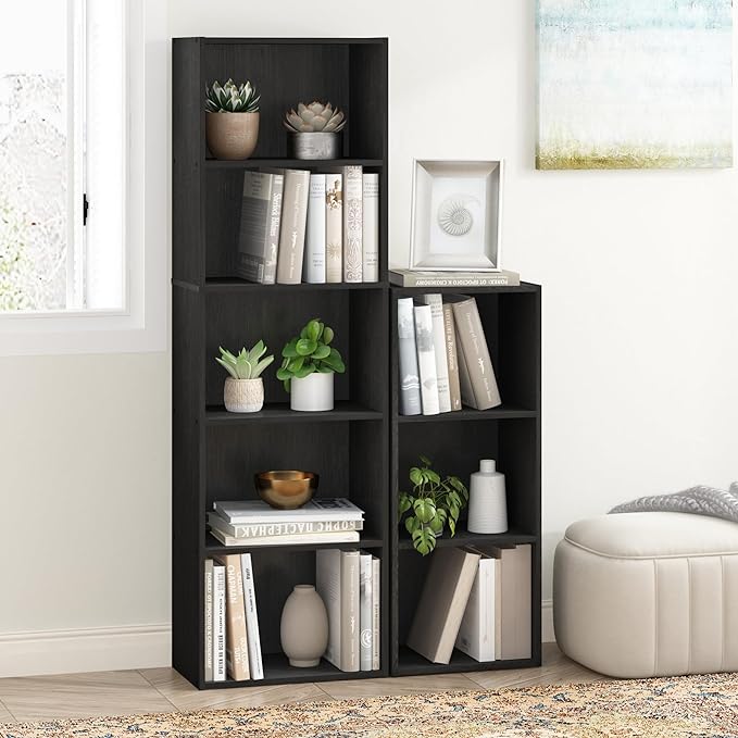 Furinno LUDER Book Shelf, 5-Cube Bookshelf, Bookcase with Open Shelf, 9.4 x 15.8 x 52, for Living Room, Bedroom, Home Office, Blackwood
