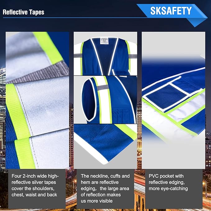 SKSAFETY 10 Pockets Safety Vest, Class 2 High Visibility Security with Zipper, Hi Vis Vest with Reflective Strips, ANSI/ISEA Standard, Construction Work Vest for Men ＆ Women （Blue, 4XL）