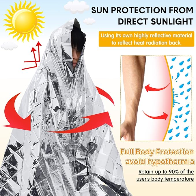 100 Pcs Emergency Blankets for Survival 83 x 55 Emergency Foil Thermal Reflective Space Blanket Bulk Waterproof Individually Wrap Survival for Car Camping Outdoor Homeless(Silver)