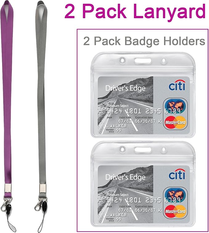 YOUOWO 2 Pack Horizontal Clear ID Badge Holders with Office Neck Lanyards with Clip,Purple Grey Lanyard with Heavy Duty id Holder,PVC Name Tag Card Holder,Waterproof Resealable